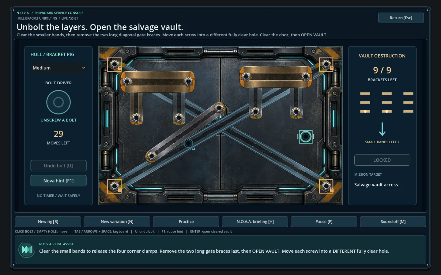 A futuristic salvage console with overlapping metal brackets, bolts, and an obstructed vault